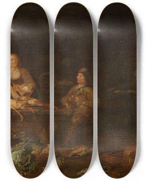 Triptych art skateboard deck of Jan Olis Kitchen Interior by Jan Olis (1610-1676)