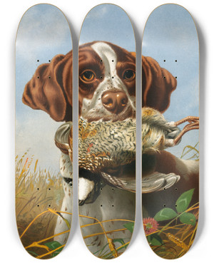 Triptych art skateboard deck of Arthur Fitzwilliam Tait Pointer And Quail by Arthur Fitzwilliam Tait (1819-1905)