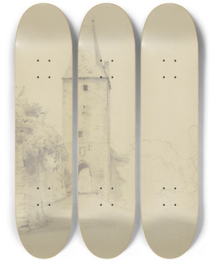 Triptych art skateboard deck of Jakob Becker City Gate by Jakob Becker (1810-1872)
