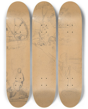 Triptych art skateboard deck of James Ensor Landschapsfragment Met Waterrad En Twee Figuren by James Ensor (1860-1949)