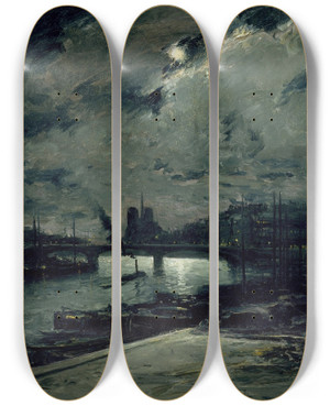 Triptych art skateboard deck of Frank Myers Boggs Quai De La Seine Paris Au Clair De Lune by Frank Myers Boggs (1855-1926)