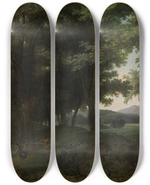 Triptych art skateboard deck of Jeanvictor Bertin A Forest With Apollo And Daphne by Jean Victor Bertin (1767-1842)
