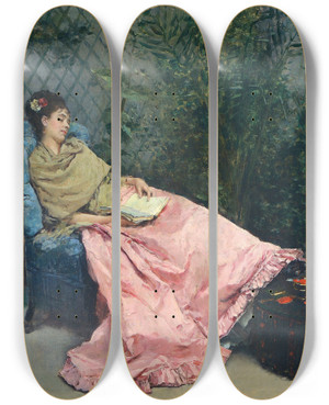 Triptych art skateboard deck of Raimundo De Madrazo Y Garreta Siesta by Raimundo De Madrazo Y Garreta (1841-1920)