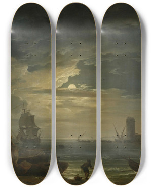 Triptych art skateboard deck of Claudejoseph Vernet A Mediterranean Inlet By Moonlight by Claude Joseph Vernet (1714-1789)
