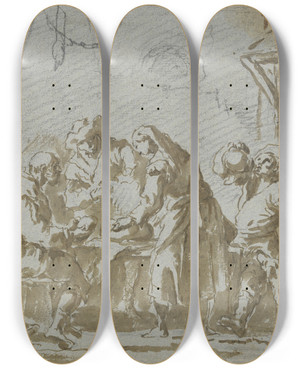 Triptych art skateboard deck of Gaspare Diziani Tavern Scene_1 by Gaspare Diziani (1689-1767)