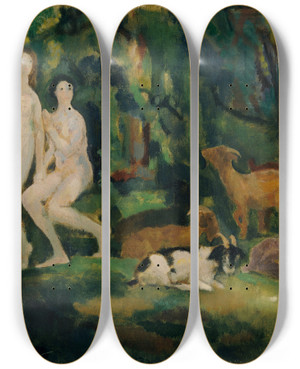 Triptych art skateboard deck of Arthur Bowen Davies Dew Drops by Arthur Bowen Davies (1862-1928)