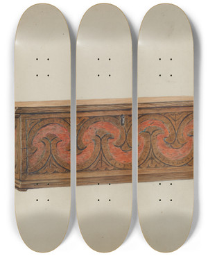 Triptych art skateboard deck of Ralph Boyer Small Carved Chest by Ralph Boyer
