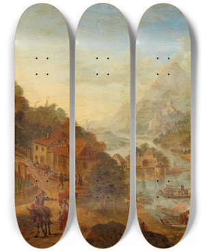 Triptych art skateboard deck of Cornelis Verdonck Idealised Rhine Landscape by Cornelis Verdonck (1715)