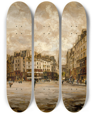 Triptych art skateboard deck of Emmanuel Lansyer La Place Maubert by Emmanuel Lansyer (1835-1893)