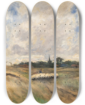 Triptych art skateboard deck of Helmuth Liesegang Shepherd With Flock In Stormy Landscape by Helmuth Liesegang (1858-1945)