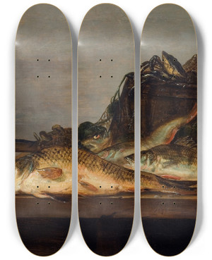 Triptych art skateboard deck of Jan Dirven Still Life With Fish by Jan Dirven (1625-1653)