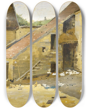 Triptych art skateboard deck of Theodore Robinson Barnyard With Ducks by Theodore Robinson (1852-1896)