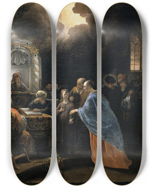 Triptych art skateboard deck of Jan Steen Christ Among The Doctors by Jan Steen (1626-1679)