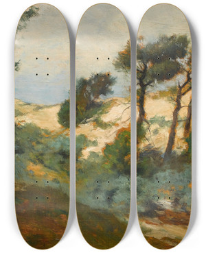 Triptych art skateboard deck of William Henry Howe Dunes And Scrub Pine by William Henry Howe (1846-1929)