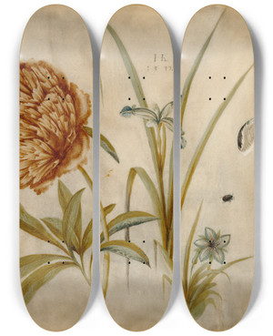 Triptych art skateboard deck of Hans Hoffmann Flowers And Beetles by Hans Hoffmann (1545-1592)