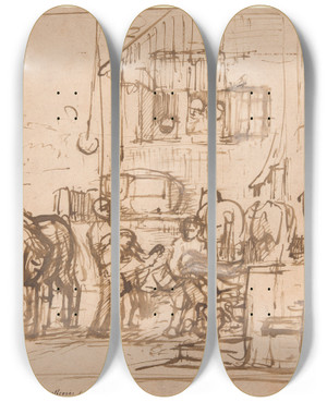 Triptych art skateboard deck of Constantijn Van Renesse The Good Samaritan Arriving At The Inn by Constantijn Van Renesse (1626-1680)