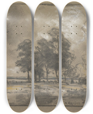 Triptych art skateboard deck of Philipp Rth Landschaft Mit Groen Bumen by Philipp Roth (1841-1921)