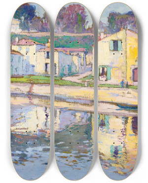 Triptych art skateboard deck of Paul Madeline Un Quai Taillebourg by Paul Madeline (1863-1920)