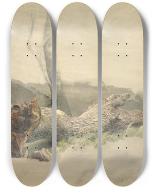 Triptych art skateboard deck of Robert Hills The Fallen Tree by Robert Hills (1769-1844)