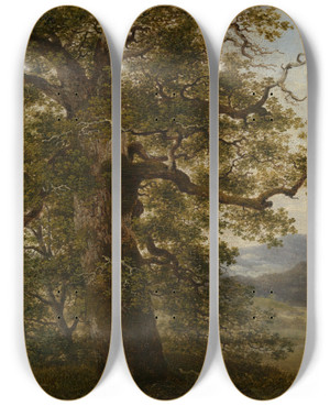 Triptych art skateboard deck of Georg Wilhelm Issel Eichbaum In Landschaft by Georg Wilhelm Issel