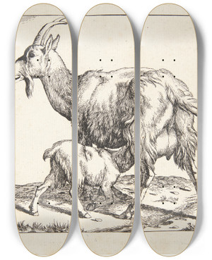 Triptych art skateboard deck of Marcus De Bye Ged Med Et Diende Kid by Marcus de Bye (1638-1688)