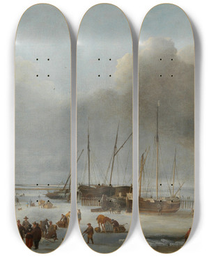 Triptych art skateboard deck of Hendrick Jacobsz Dubbels Iceskating On The Eastern Docks Of Amsterdam by Hendrick Jacobsz Dubbels (1621-1707)