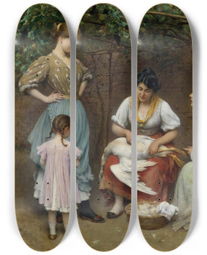 Triptych art skateboard deck of Eugen Von Blaas Goose Plucking by Eugen Von Blaas (1843-1931)