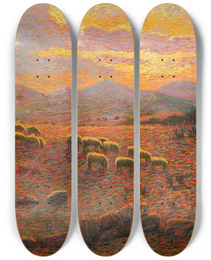 Triptych art skateboard deck of Antonio Ballero Gregge Di Pecore Con Pastore by Antonio Ballero (1864-1932)