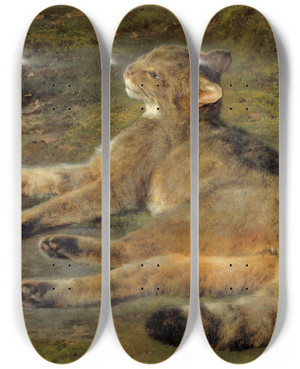 Triptych art skateboard deck of Rosa Bonheur Wild Cat by Rosa Bonheur (1822-1899)