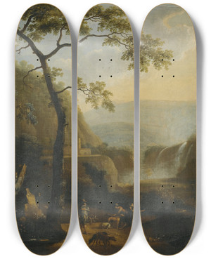Triptych art skateboard deck of Barend Appelman A Landscape With Hunters Near A Waterfall by Barend Appelman (1628-1686)