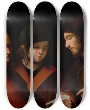 Triptych art skateboard deck of Pierre Carloni Three Men Reading A Musical Score by Pierre Carloni (17-)