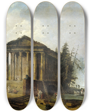 Triptych art skateboard deck of Hubert Robert Le Temple Antique by Hubert Robert (1733-1808)