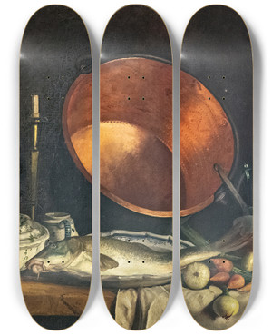 Triptych art skateboard deck of Paul Prouho Still Life With Cauldron by Paul Prouho (1849-1931)