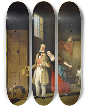 Triptych art skateboard deck of Francis William Edmonds The Bashful Cousin by Francis William Edmonds (1806-1863)