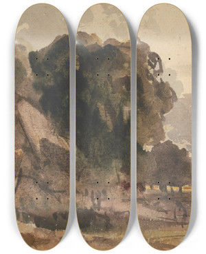 Triptych art skateboard deck of Peter Dewint Cottage Amongst Trees by Peter Dewint (1784-1849)