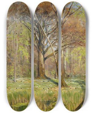 Triptych art skateboard deck of Hans Andersen Brendekilde Brn I Forrsskoven Anemonerne Er Sprunget Ud by Hans Andersen Brendekilde (1857-1942)
