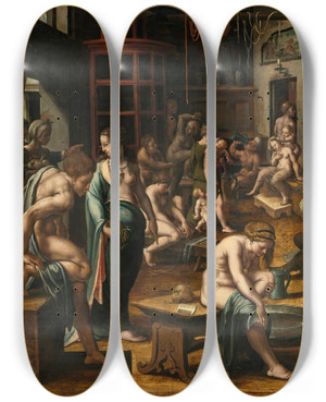 Triptych art skateboard deck of Netherlandish School A Bathhouse by Netherlandish School