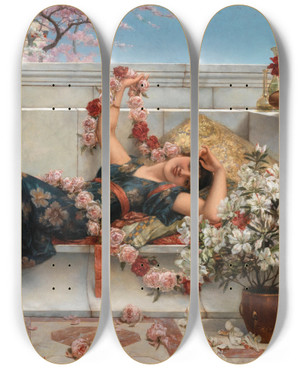 Triptych art skateboard deck of Emile Eismansemenowsky An Odalisque by Emile Eisman-Semenowsky (1853-1918)