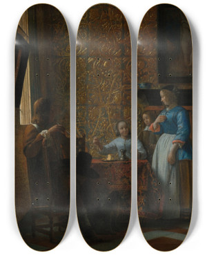 Triptych art skateboard deck of Pieter De Hooch Leisure Time In An Elegant Setting by Pieter De Hooch (1629-1684)