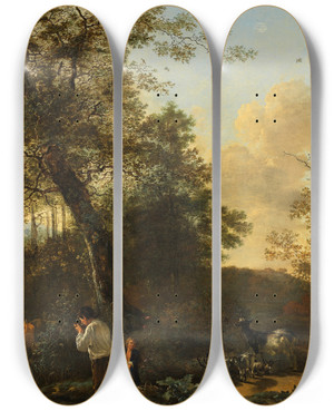 Triptych art skateboard deck of Adam Pynacker Shepherds And Cattle In A Pasture by Adam Pynacker (1615-1673)