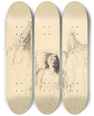 Triptych art skateboard deck of Honor Daumier The Imaginaryinvalid by Honore Daumier (1808-1879)