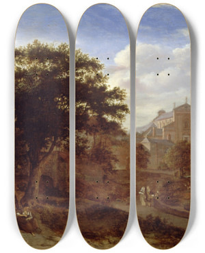 Triptych art skateboard deck of Jan Van Der Heyden Two Churches And A Town Wall by Jan van der Heyden (1637-1712)