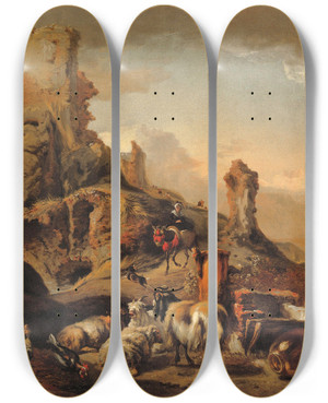 Triptych art skateboard deck of Jan Baptist Weenix Shepherdess And Her Flock On A Path by Jan Baptist Weenix (1621-1660)