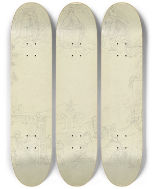 Triptych art skateboard deck of Peter Von Cornelius Goethes Faust Titelblatt In Arabesken_1 by Peter Von Cornelius (1784-1867)