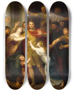 Triptych art skateboard deck of Andries Cornelis Lens Regulus Returning To Carthage by Andries Cornelis Lens (1739-1822)