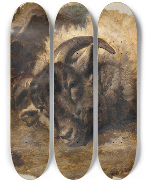 Triptych art skateboard deck of Thomas Sidney Cooper Study Of A Rams Head by Thomas Sidney Cooper (1803-1902)
