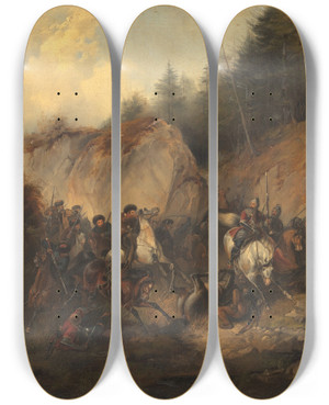 Triptych art skateboard deck of Heinrich Ambros Eckert The Battle Between Cossacks And Circassians by Heinrich Ambros Eckert (1807-1840)