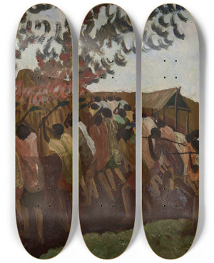 Triptych art skateboard deck of Sam Ntiro Hut Onfire by Sam Ntiro (1923-1993)
