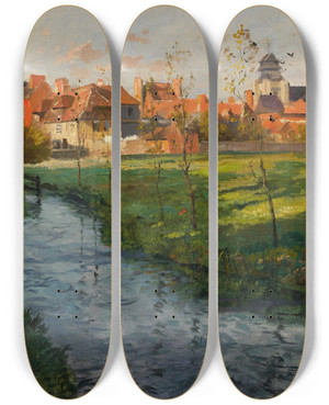 Triptych art skateboard deck of Frits Thaulow Village By A Stream by Frits Thaulow (1847-1906)