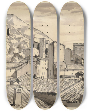 Triptych art skateboard deck of Hermann Lismann Gubbio by Hermann Lismann (1878-1943)